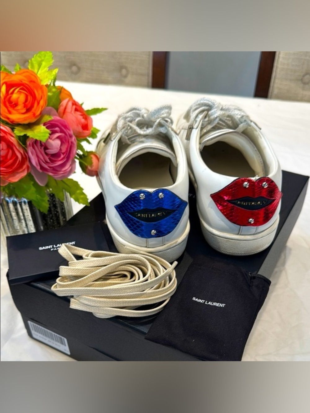 Saint Laurent White Leather Sneakers with Blue and Red Lip Appliqués